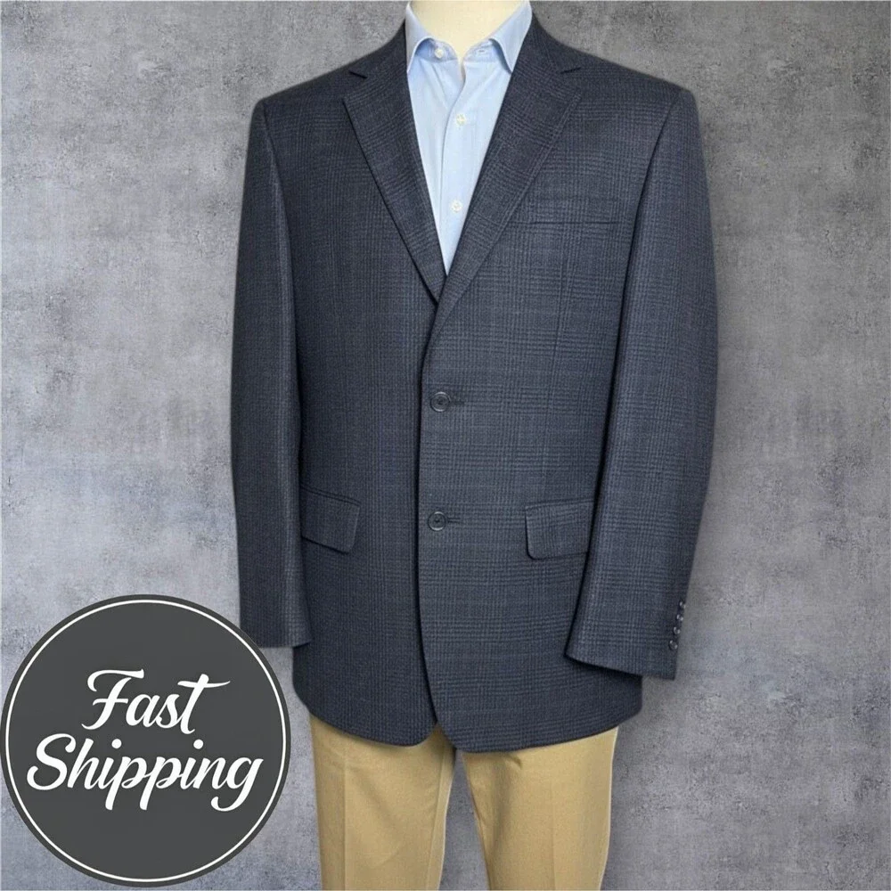 JOSEPH & FEISS Mens Blazer 44L WOOL Navy Sport Coat Two Button Jacket Windowpane